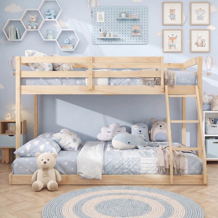 Twin Over Full Bunk Bed Low Floor Bunk Bed Frame-Natural