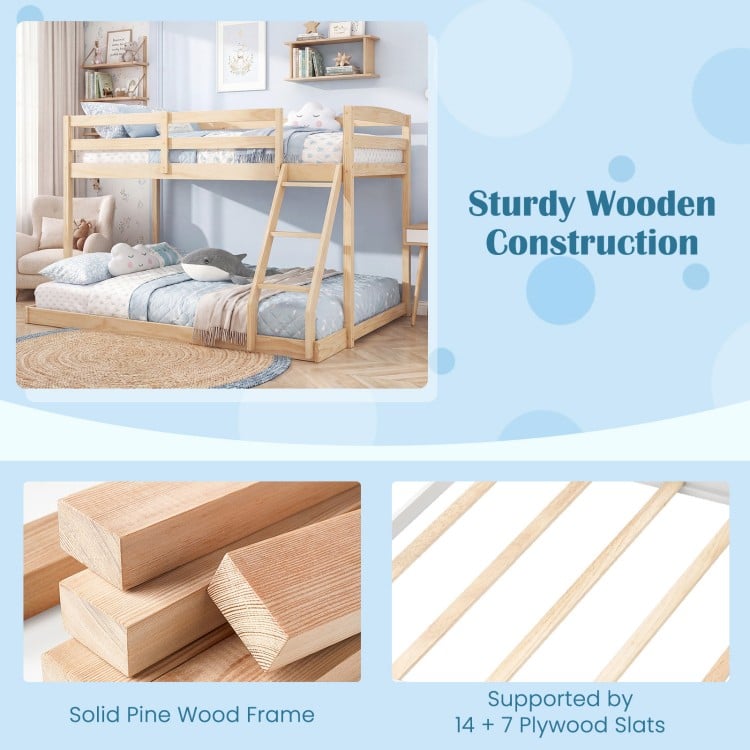Twin Over Full Bunk Bed Low Floor Bunk Bed Frame-Natural