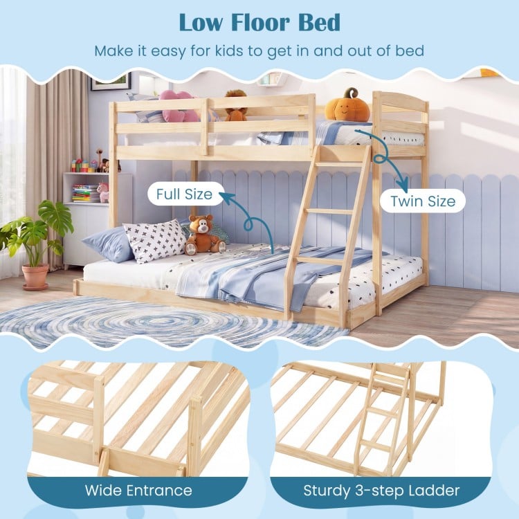 Twin Over Full Bunk Bed Low Floor Bunk Bed Frame-Natural