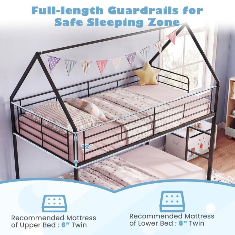 Twin Over Twin Metal Bunk Bed with Roof and Ladder-Black