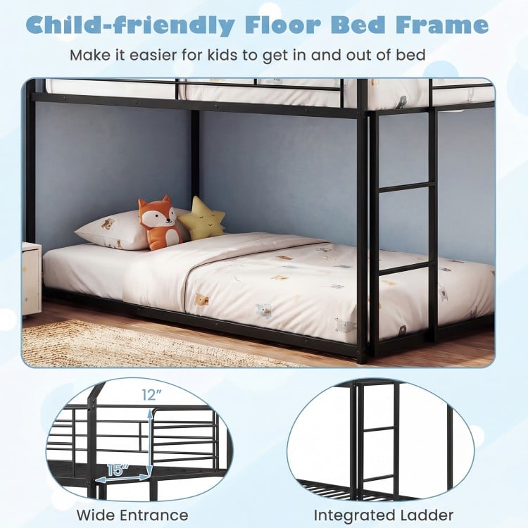 Twin Over Twin Metal Bunk Bed with Roof and Ladder-Black