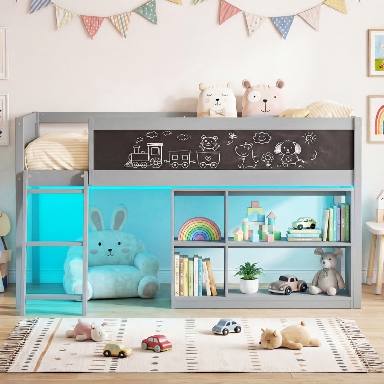 Twin Size Kids Loft Bed with LED Lights and Removable Bookcase-Gray