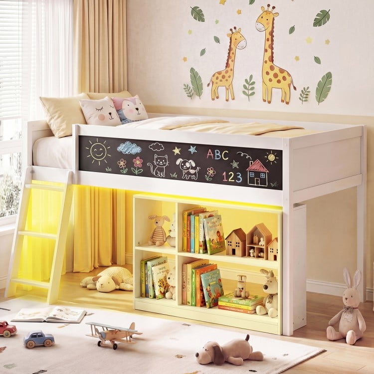 Twin Size Kids Loft Bed with LED Lights and Removable Bookcase-White