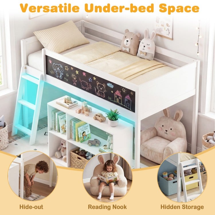 Twin Size Kids Loft Bed with LED Lights and Removable Bookcase-White