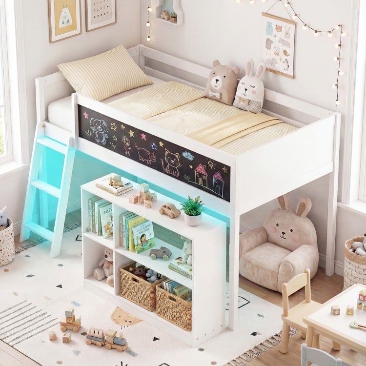 Twin Size Kids Loft Bed with LED Lights and Removable Bookcase-White