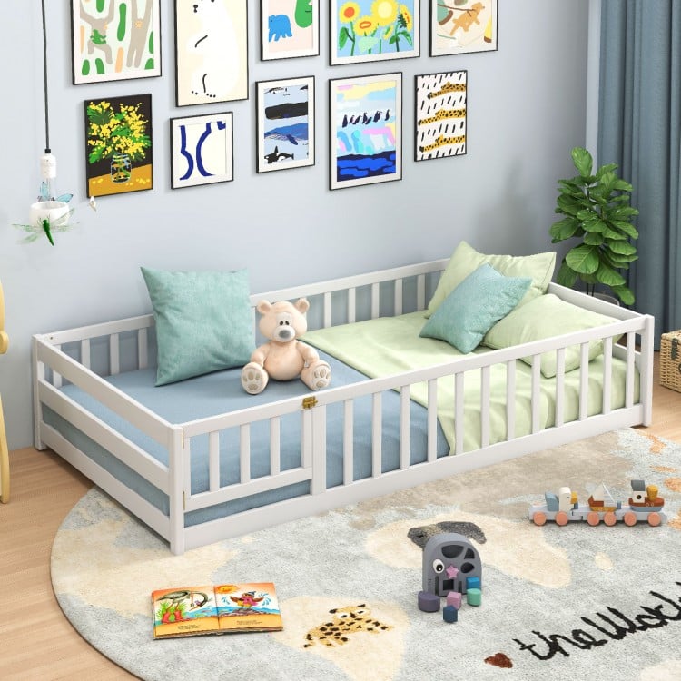Twin Size Kids Wood Montessori Floor Bed with Door and Fence-White