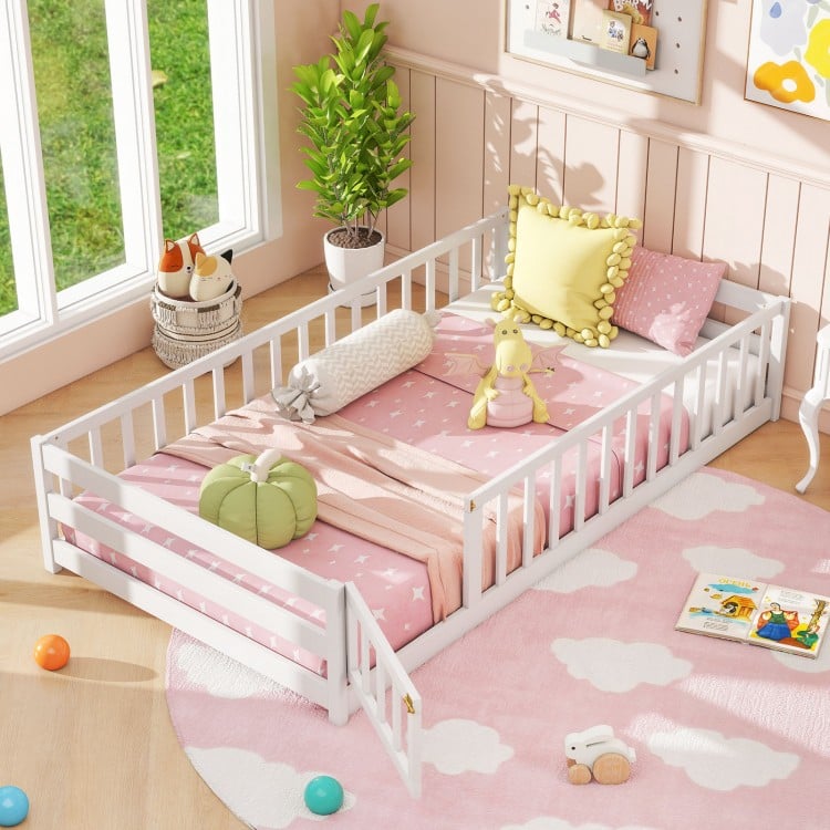 Twin Size Kids Wood Montessori Floor Bed with Door and Fence-White