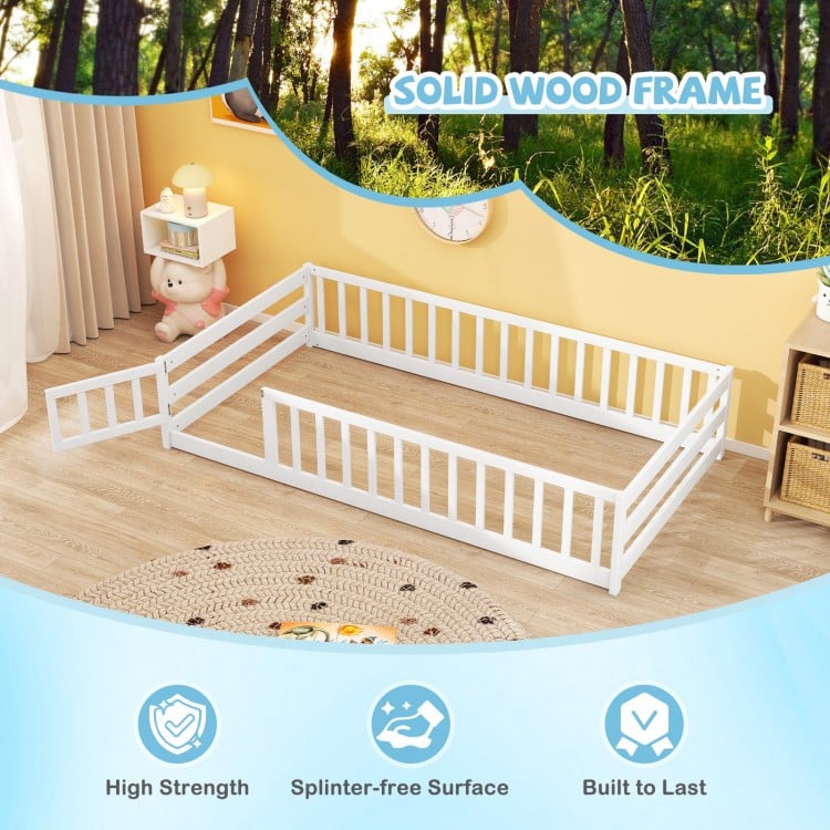 Twin Size Kids Wood Montessori Floor Bed with Door and Fence-White