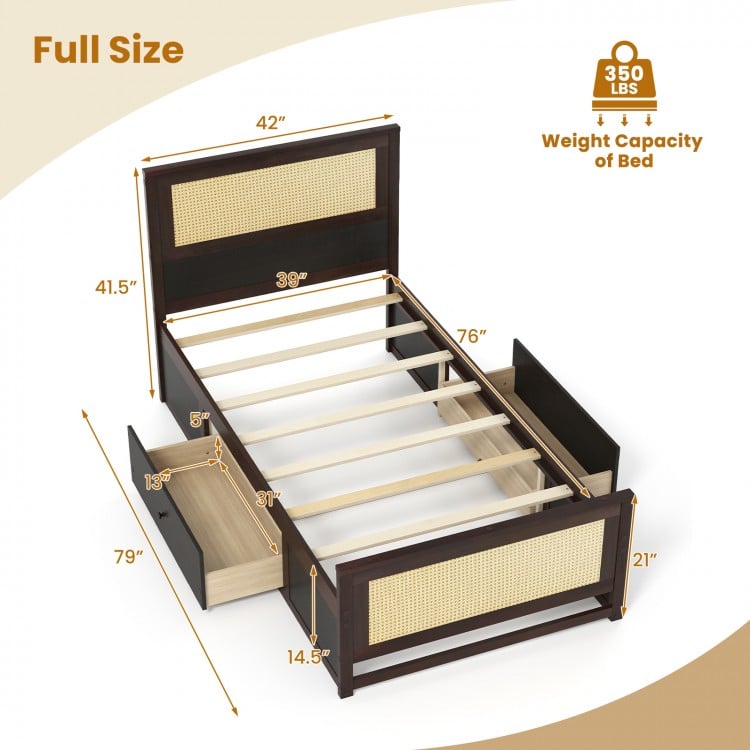 Twin Size Rattan Bed Frame with Storage Drawers-Coffee
