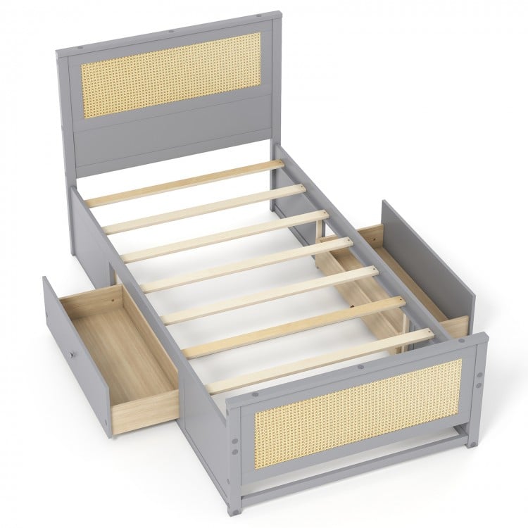 Twin Size Rattan Bed Frame with Storage Drawers-Gray