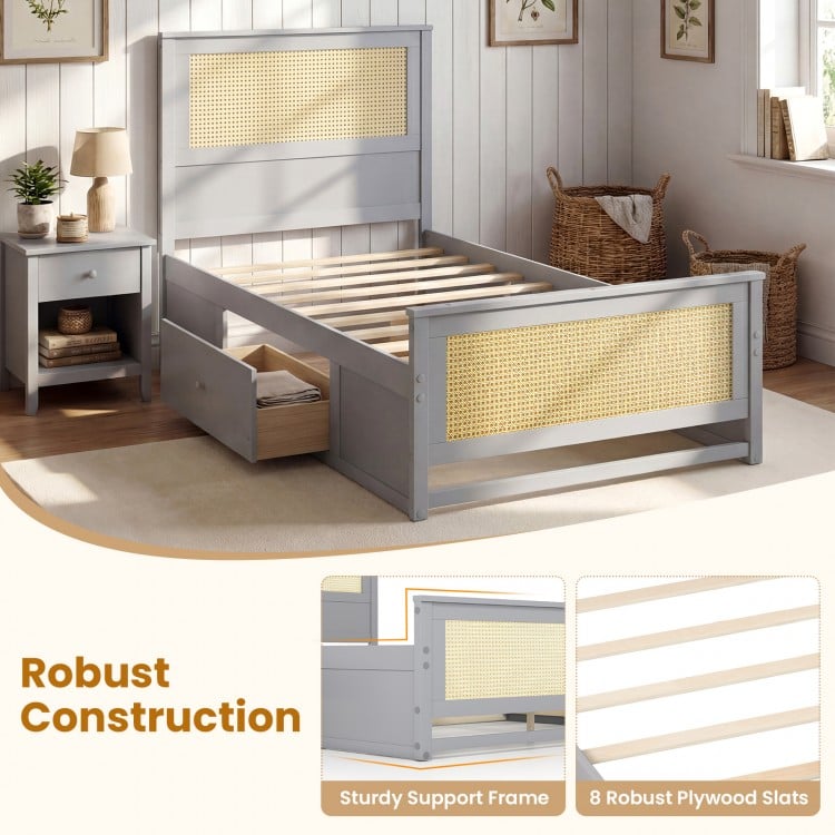 Twin Size Rattan Bed Frame with Storage Drawers-Gray