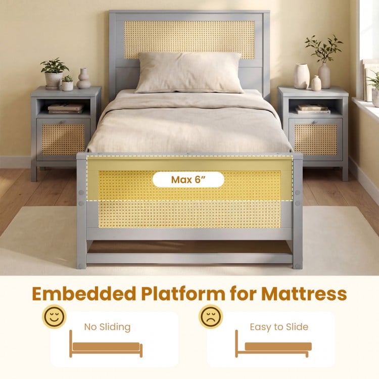 Twin Size Rattan Bed Frame with Storage Drawers-Gray