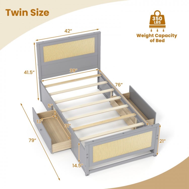 Twin Size Rattan Bed Frame with Storage Drawers-Gray