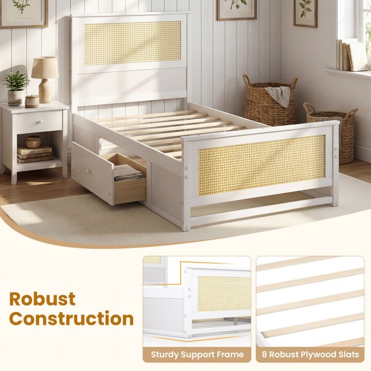 Twin Size Rattan Bed Frame with Storage Drawers-White