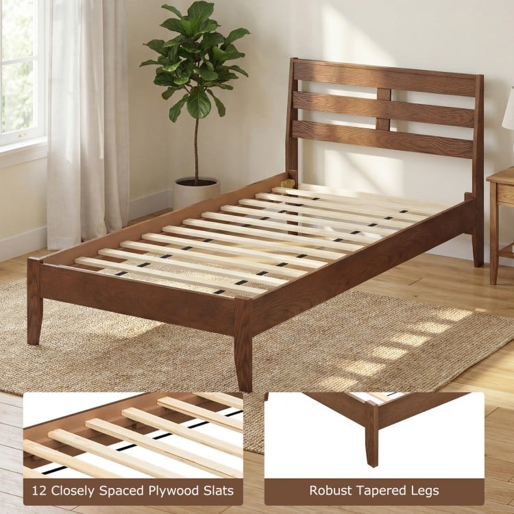 Twin Size Wood Platform Bed Frame with Slat Headboard