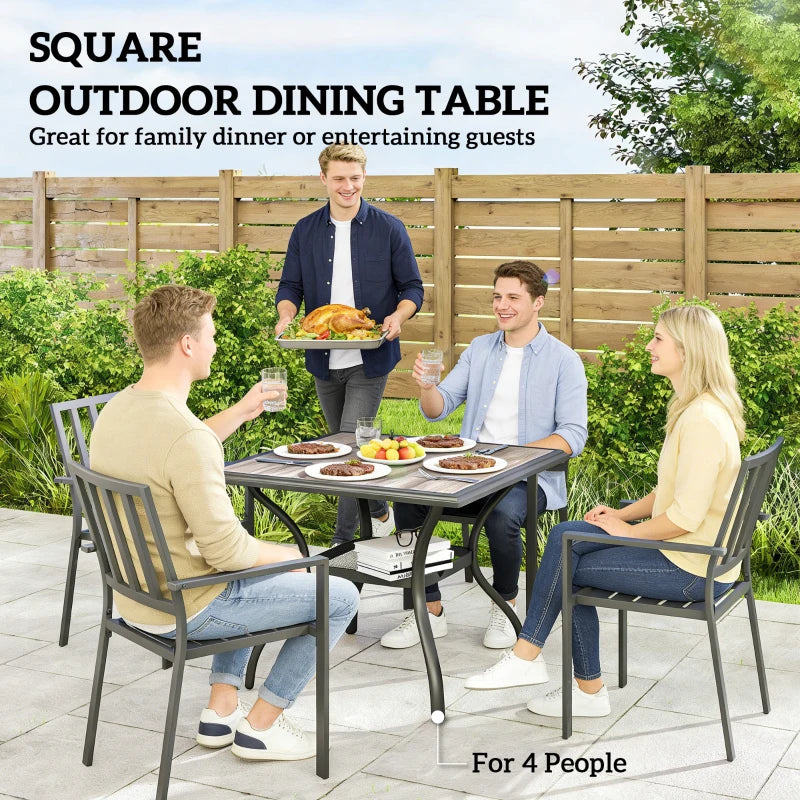 Outdoor Dining Table for 4, Square Patio Table with Umbrella Hole, Shelf, Faux Wood Top for Garden, Backyard, Grey