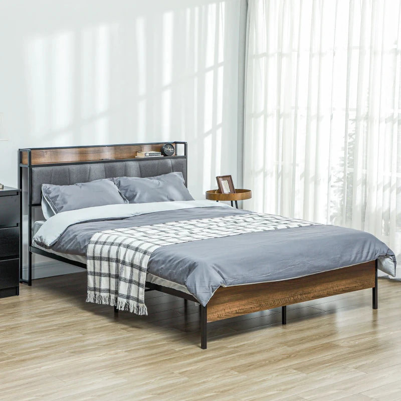 Queen Size Bed Frame with Charging Station, Queen Bed Frame with Upholstered Headboard and Storage Shelf, Walnut