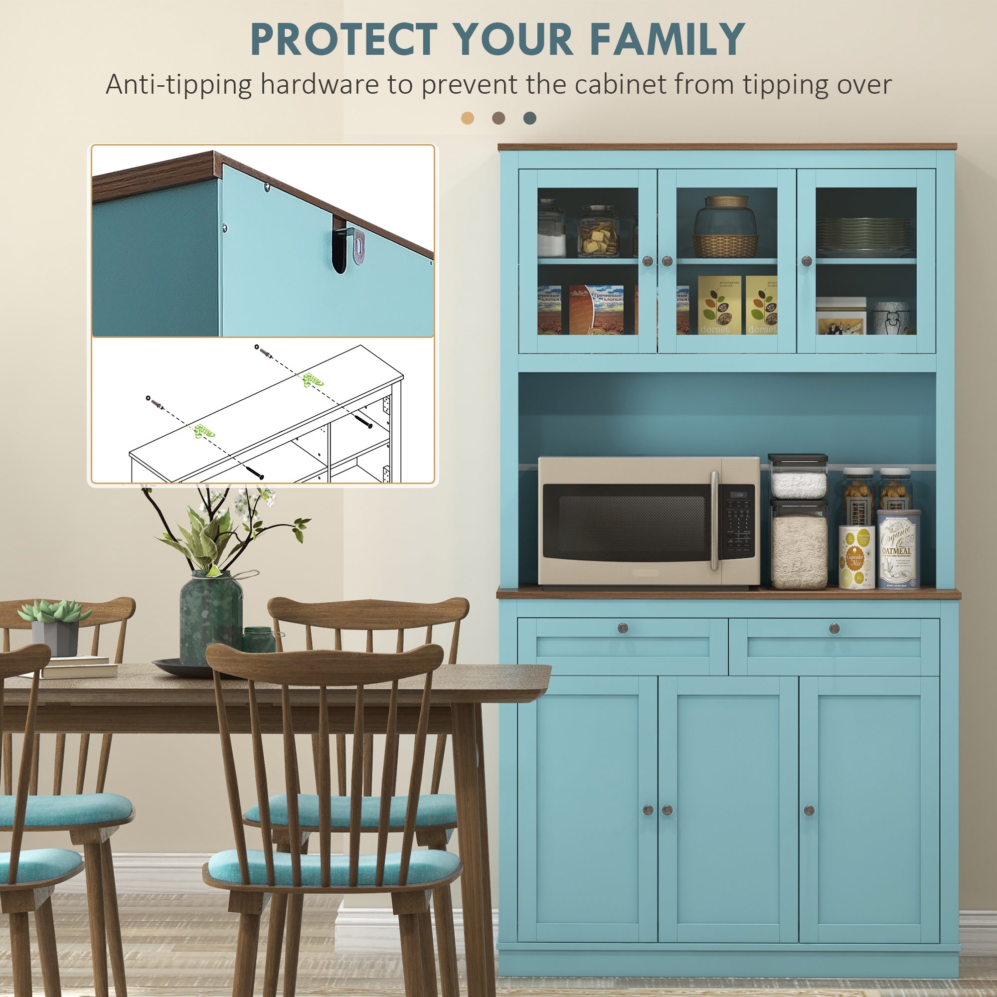 HOMCOM Spacious 71" Kitchen Pantry Cabinet - Microwave Space, Buffet Hutch, 2 Drawers, Adjustable Shelves, Glass Doors in Blue