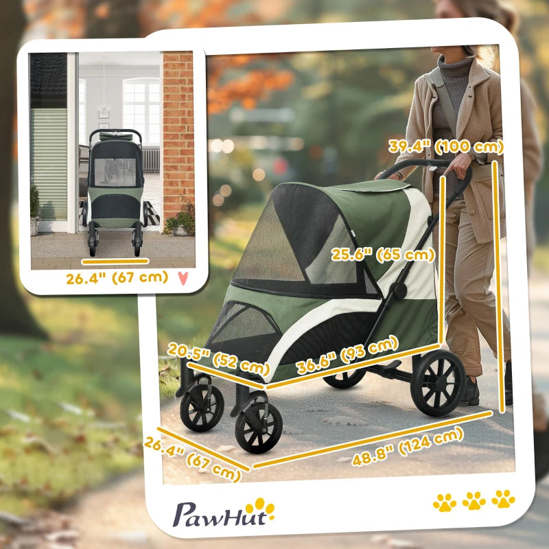 Foldable Pet Stroller for Large Dogs with Four Big Wheels, Shock-Absorbing Frame, Safety Leashes, Brakes, Dark Green
