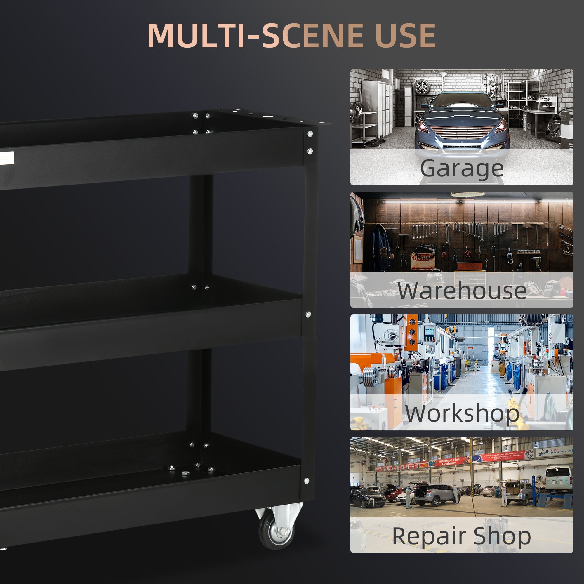 DURHAND 3 Tier Tool Cart Rolling with Wheels 330 LBS Heavy Duty Utility Steel Service Cart for Garage Black