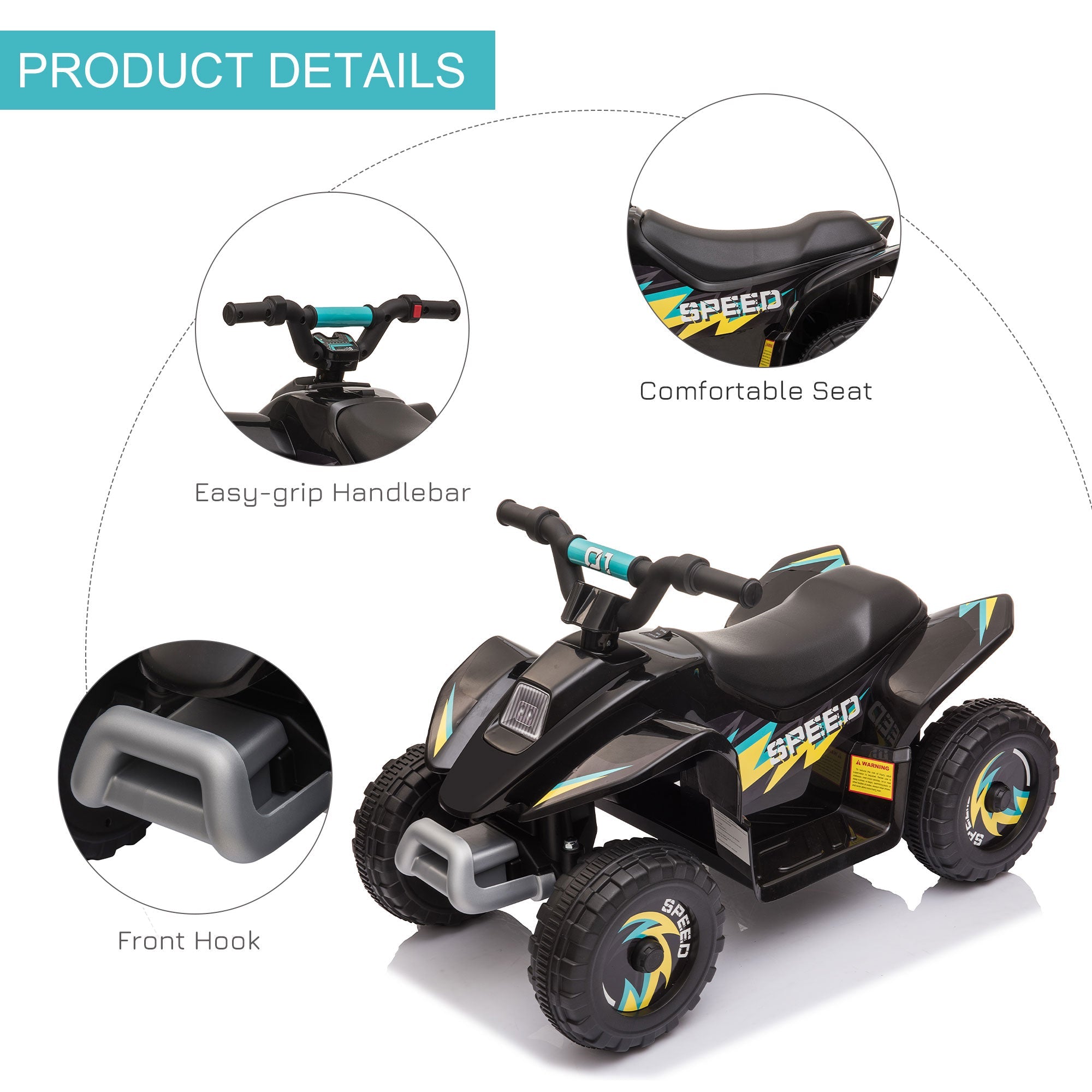 Aosom Kids Ride on ATV, 6V Battery Powered Quad Car with Forward, Reverse Switch, for Boys Girls 18-36 Months, Black