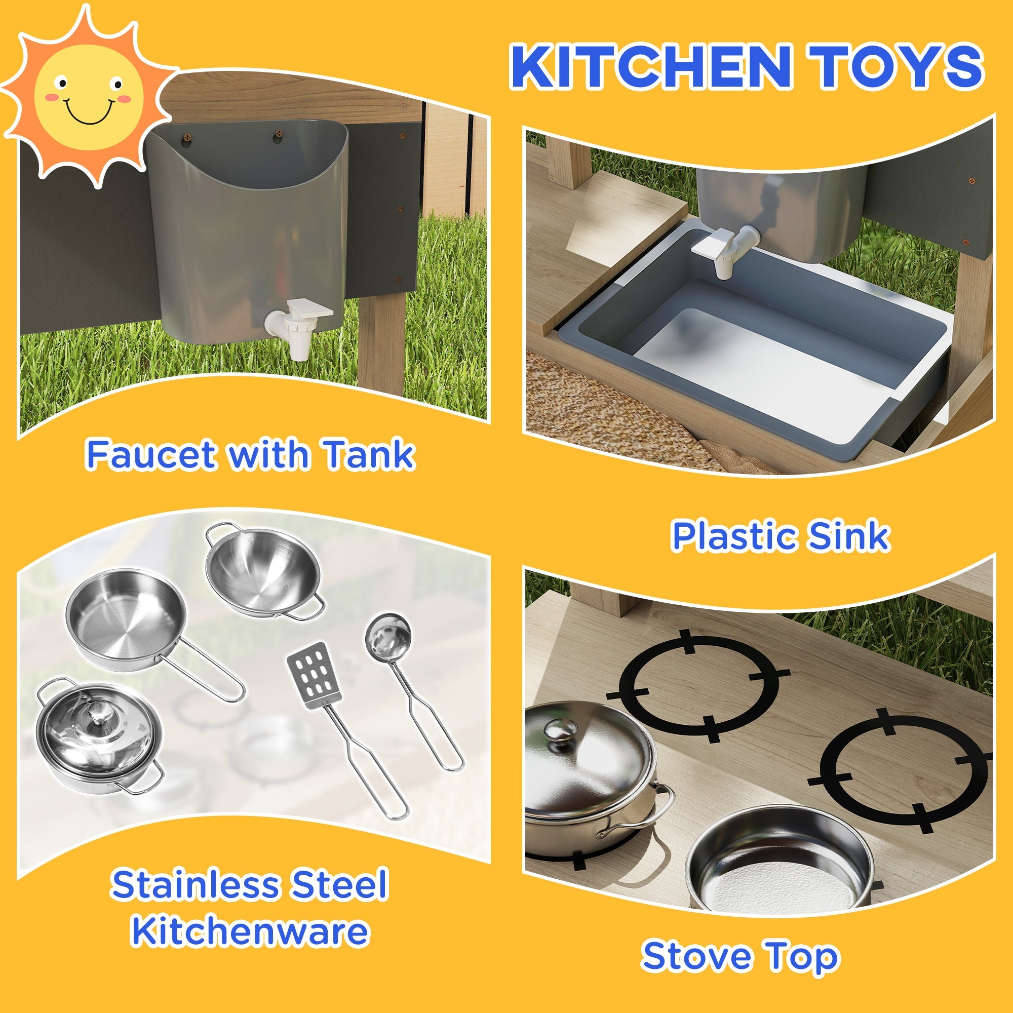 Outsunny Kids Sandbox with Cover Kitchen Playset Toys, Wooden Sand Box with Seat, Storage, for 3-7 Years Old, Natural Wood