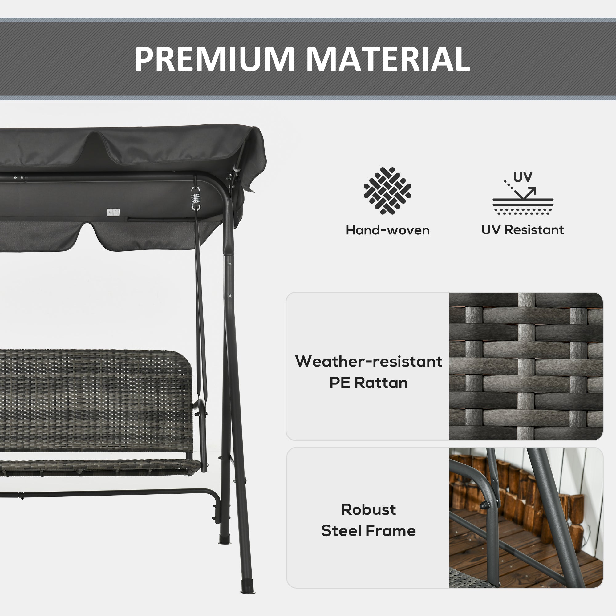 Outsunny 3 Seater Rattan Outdoor Patio Swing with Adjustable Canopy and Stand for Garden Porck Backyard, Grey