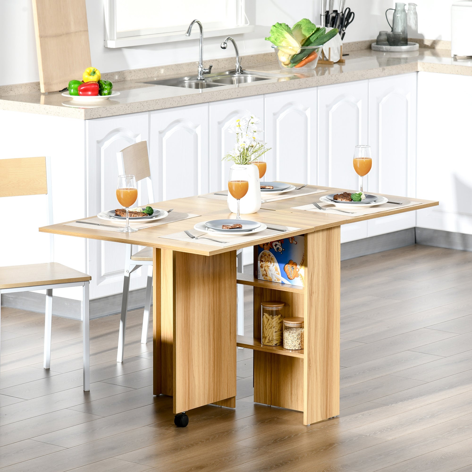 HOMCOM Foldable Drop Leaf Side Table Console Writing Desk with Storage Shelves 2 Wheels for Kitchen Teak Finish