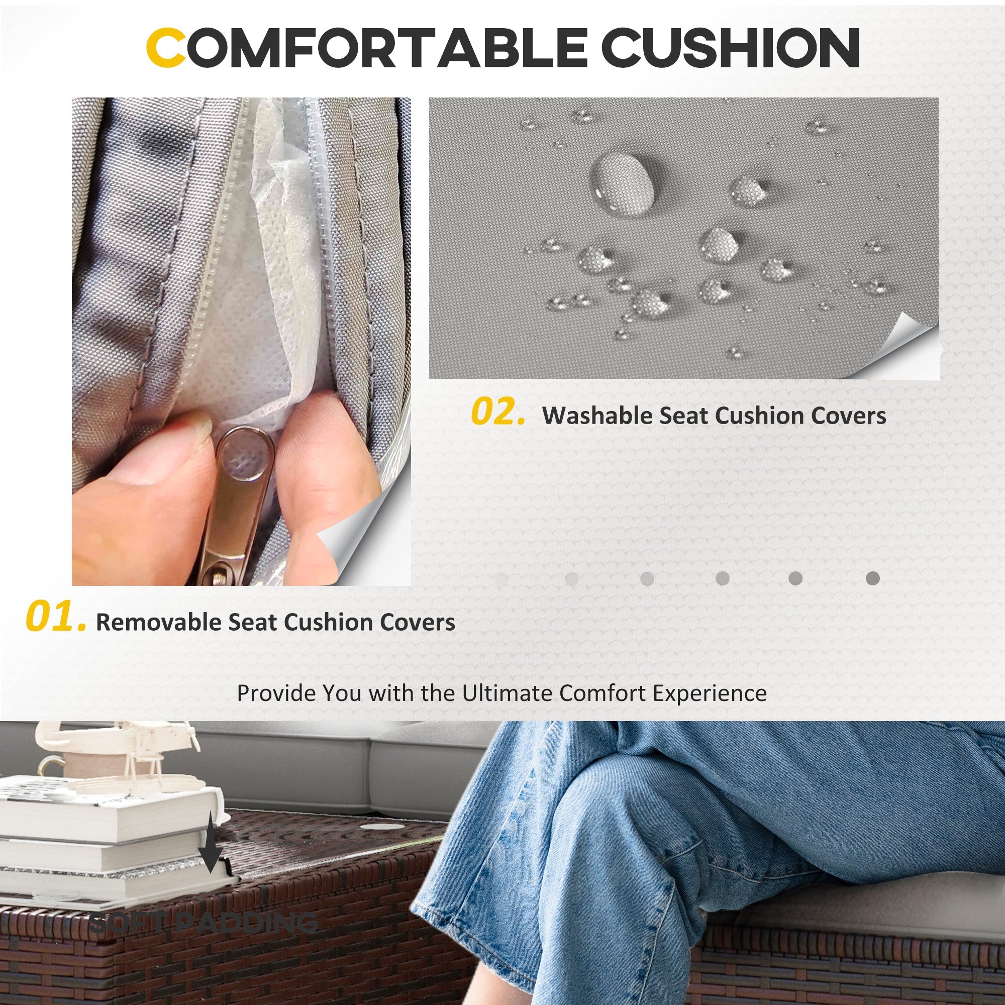 Outsunny 3-Piece Patio Dining Sets, Rattan Wicker with Glass Table & Plush Cushions for Garden & Backyard, Grey