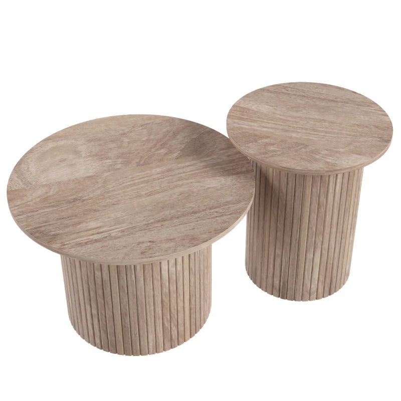 Round Nesting Coffee Table Set of 2 – Fluted Pedestal Tables, Rustic Brown Wood Grain