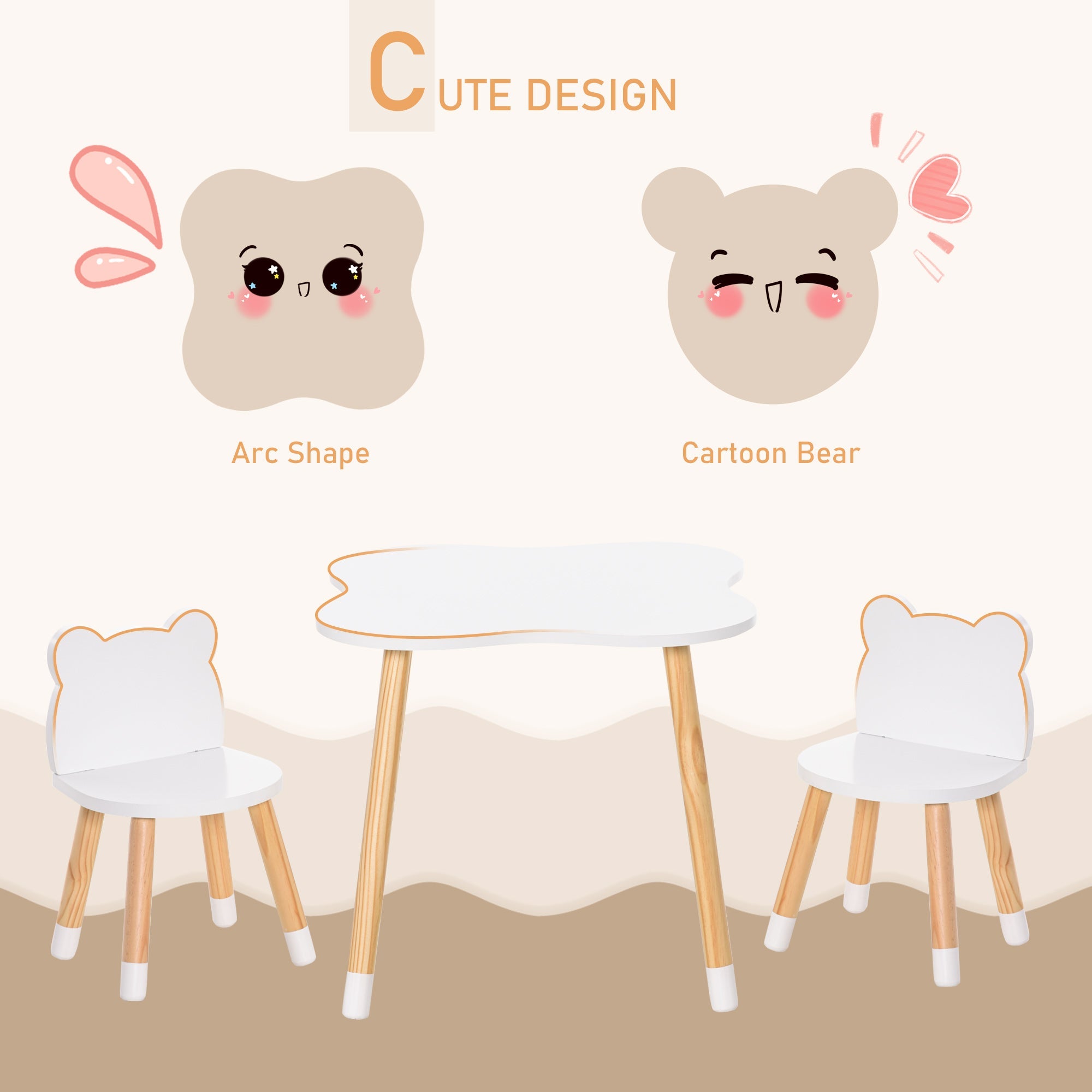 Qaba Wooden Kids Table & Chair Set: Cute Bear Design, Rounded Edges for Toddler Dining/Play in White