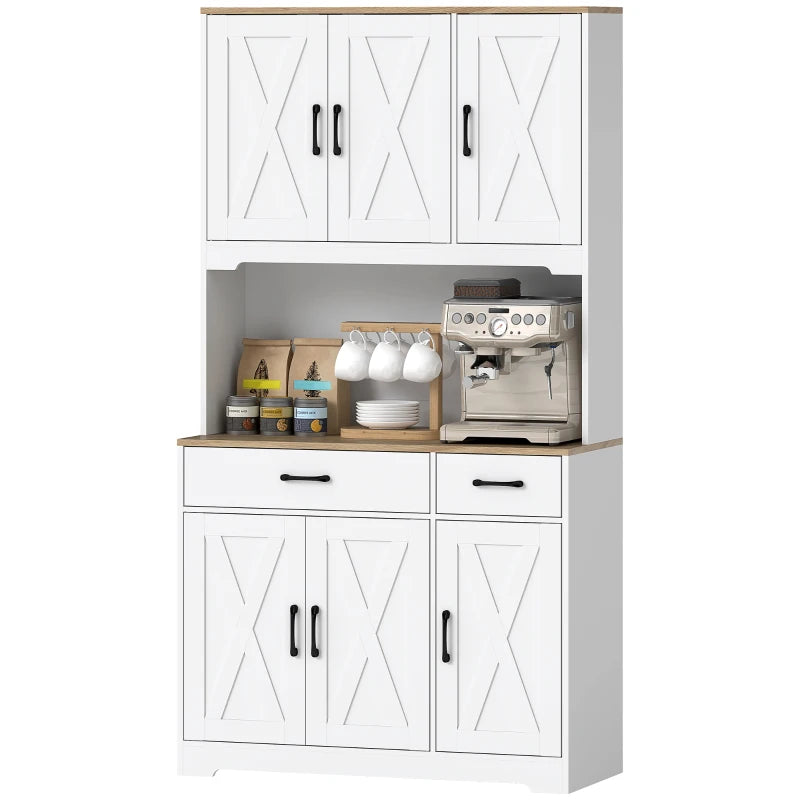 Tall Kitchen Pantry, 6 Doors, 2 Drawers, Adjustable Shelves & Worktop, Rustic Storage Cabinet for Living Room White