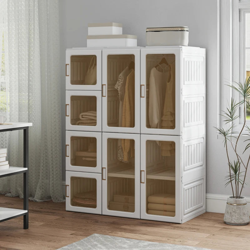 Portable Wardrobe, Foldable Plastic Closet with 8 Compartments, 2 Hanging Rods and Magnetic Clear Doors, Brown