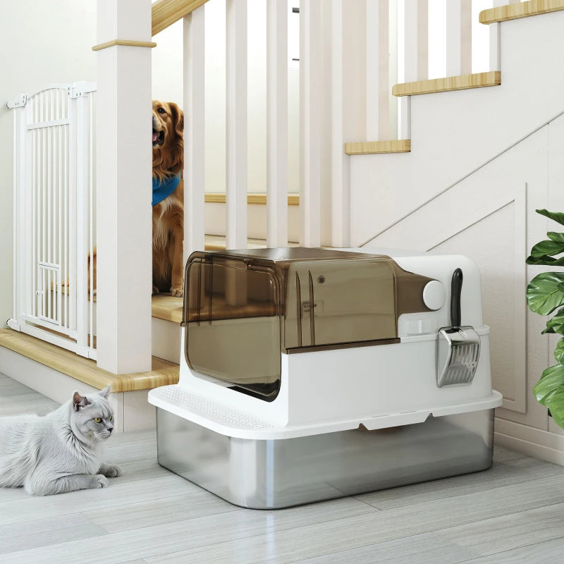 Stainless Steel Cat Litter Box, Easy-Clean Enclosure with Scoop & Flip Lid, 27.6" L x 19.7" W x 18.3" H, White