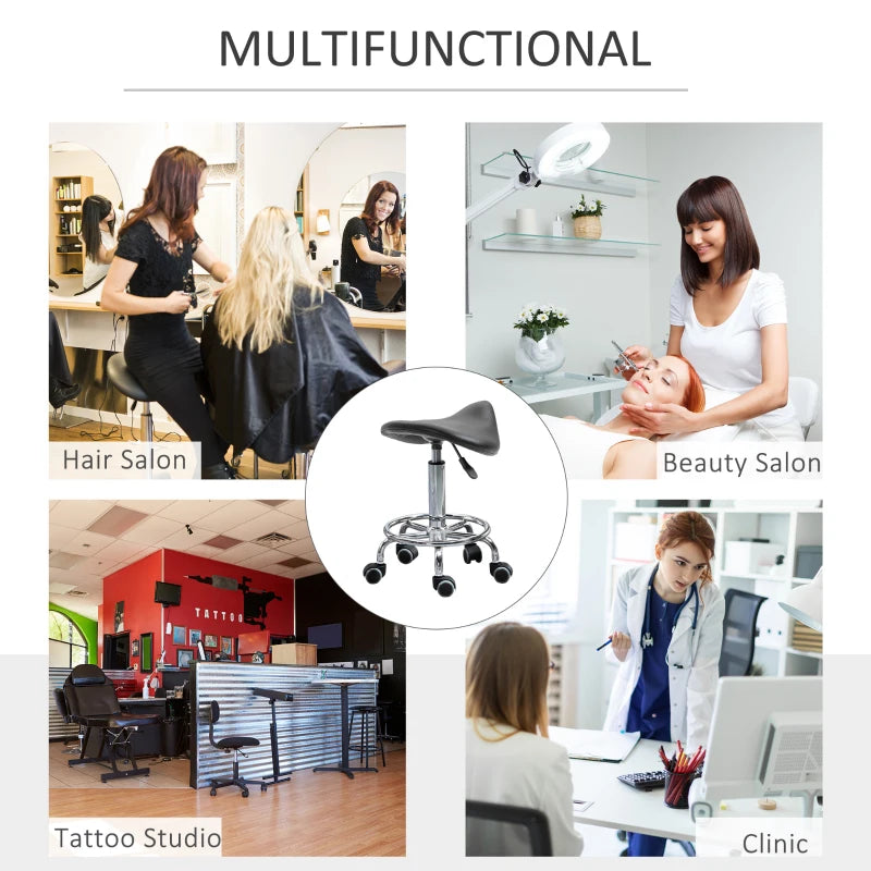 Saddle Stool, PU Leather Adjustable Rolling Salon Chair for Massage, Spa, Clinic, Beauty and Tattoo, Black