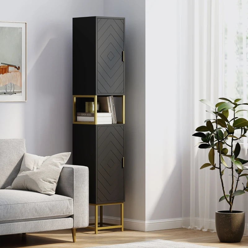 Tall Bathroom Storage Cabinet, Modern Narrow Bathroom Cabinet with Diamond Chevron Pattern and Adjustable Shelf, Black
