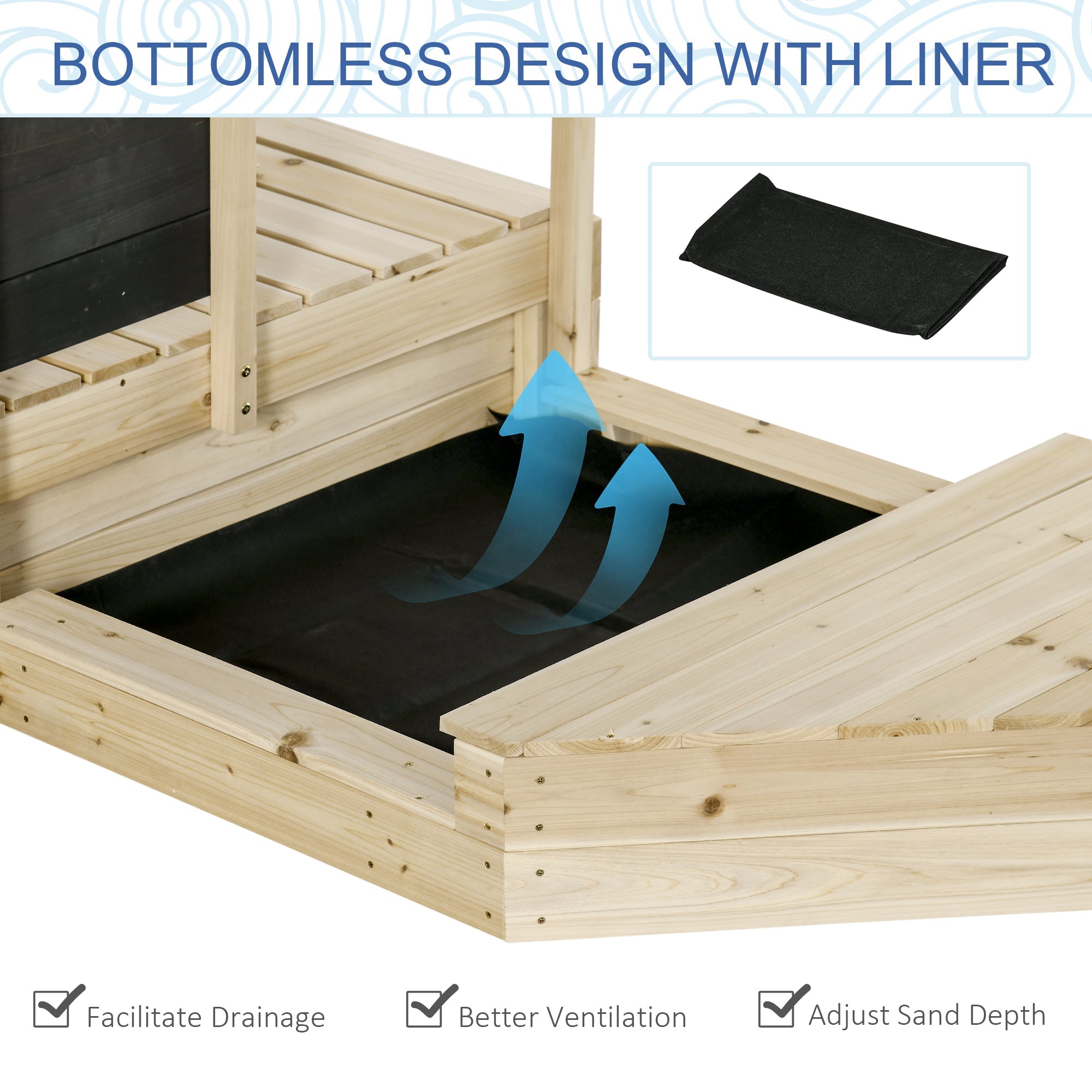 Outsunny Wooden Sandbox for Kids Outdoor Sand Boat with Cover Foldable Play Station Natural Wood Finish