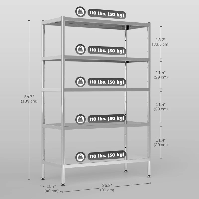 Bakers Rack, 5-Tier Stainless Steel Kitchen Storage Shelf with Adjustable Heights for Spices, Pots and Pans, Silver