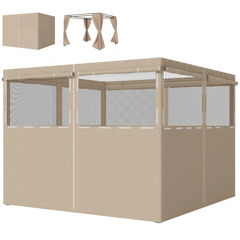 Gazebo Curtains, 10' x 10' Universal Replacement Privacy Curtain, 4-Panels Sidewall with Roll up Mesh Windows, Khaki