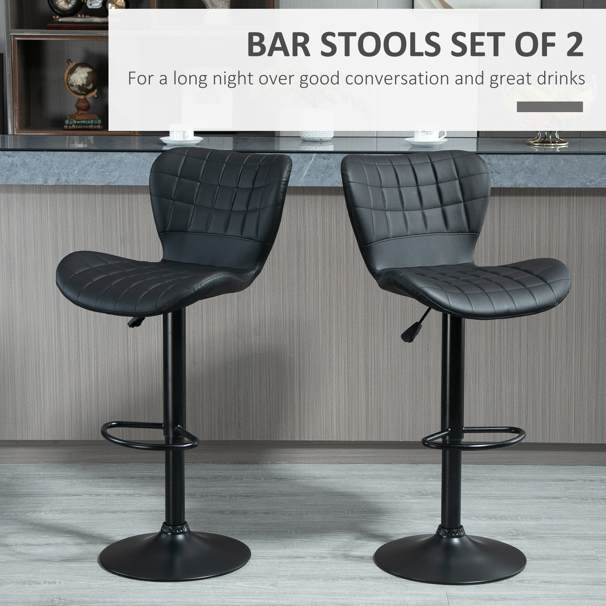 HOMCOM Modern Adjustable Swivel Bar Stools Set of 2 with PU Leather Backrest and Footrest in Black for Kitchen Counter