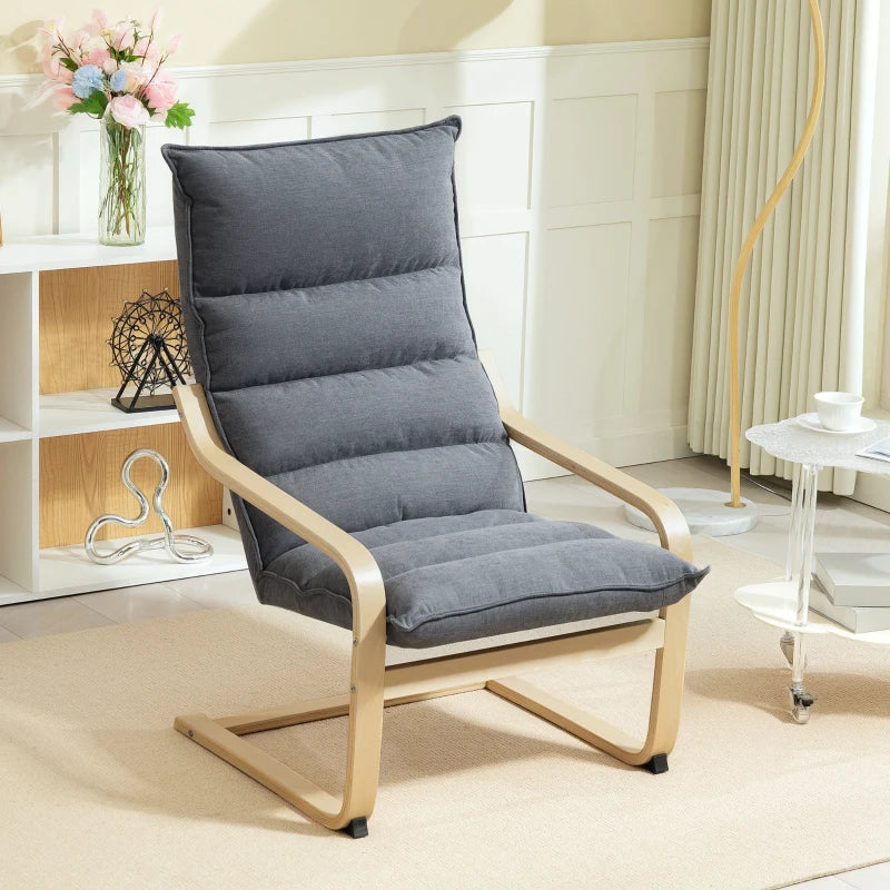 Birch Wood Fabric Modern Armchair, Accent Chair with Curved Leg and Arm for Living Room, Grey
