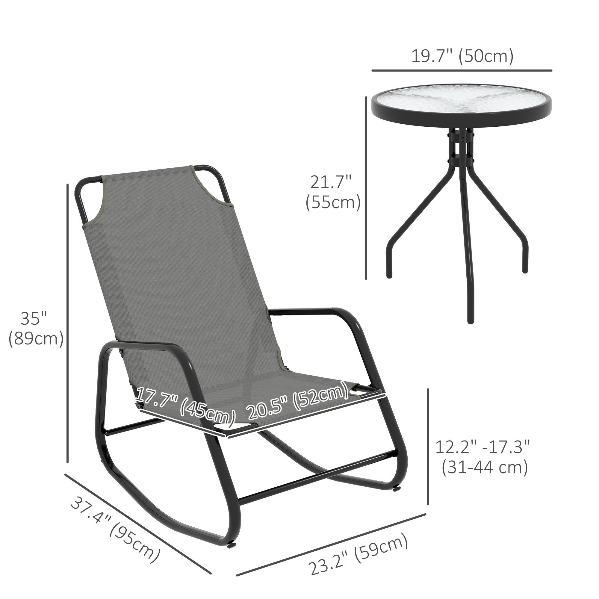 Outsunny Patio Rocking Chairs Set of 2, 3 Pieces Patio Bistro Set with Metal Frmae, Breathable Mesh Fabric Seat for Garden, Deck, Grey