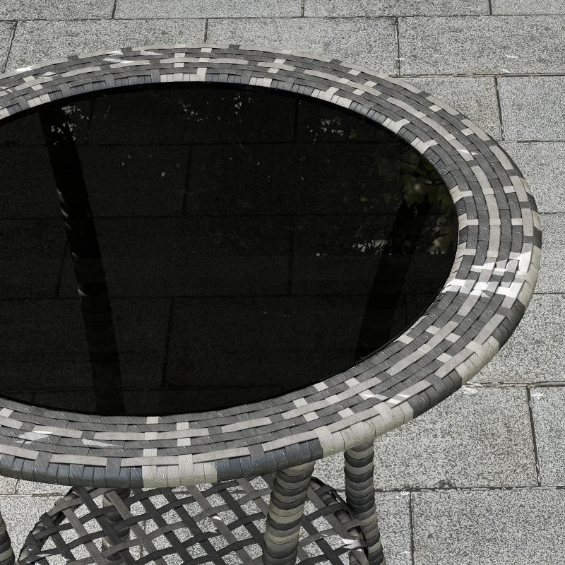 Outdoor Rattan Dining Table, Patio Wicker Round Coffee Table with 2-Tier Storage Shelf, Mixed Grey
