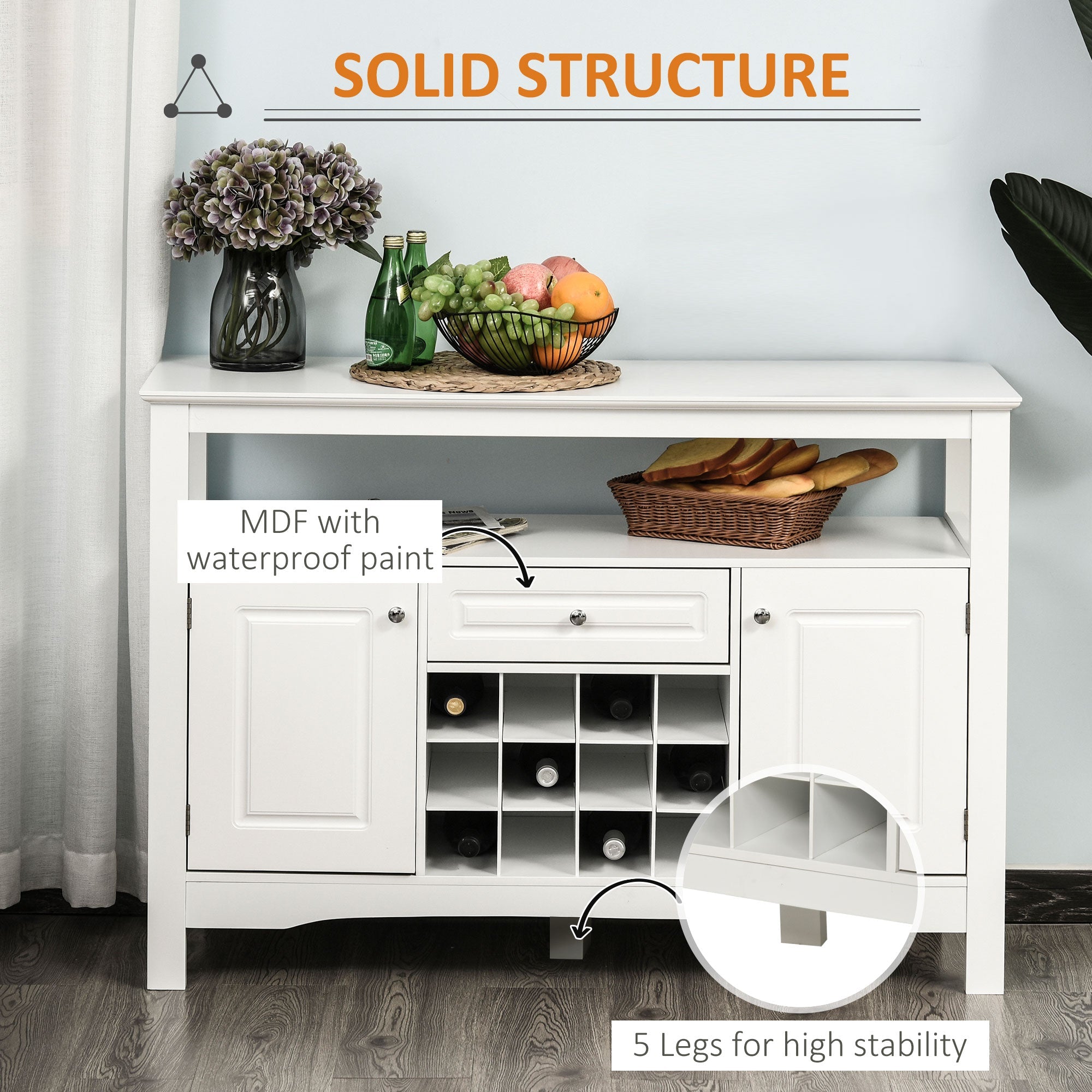 HOMCOM White Buffet Credenza: Sideboard Bar Cabinet Storage Cabinet with Drawer for Kitchen, Living Room, Bright White