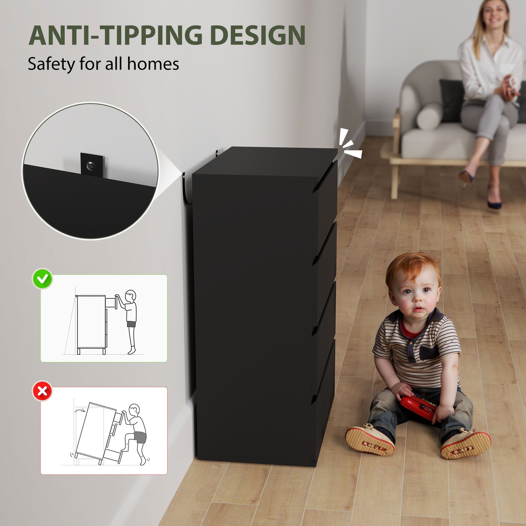 HOMCOM 4-Drawer Storage Tower: Freestanding Cabinet for Bedroom, Living Room Organization, Sleek Black Finish