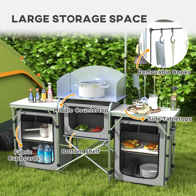 Aluminum Camping Kitchen, Portable Folding Camping Table with Fabric Cupboards, Windshield, Bag for BBQ, Picnic, Grey