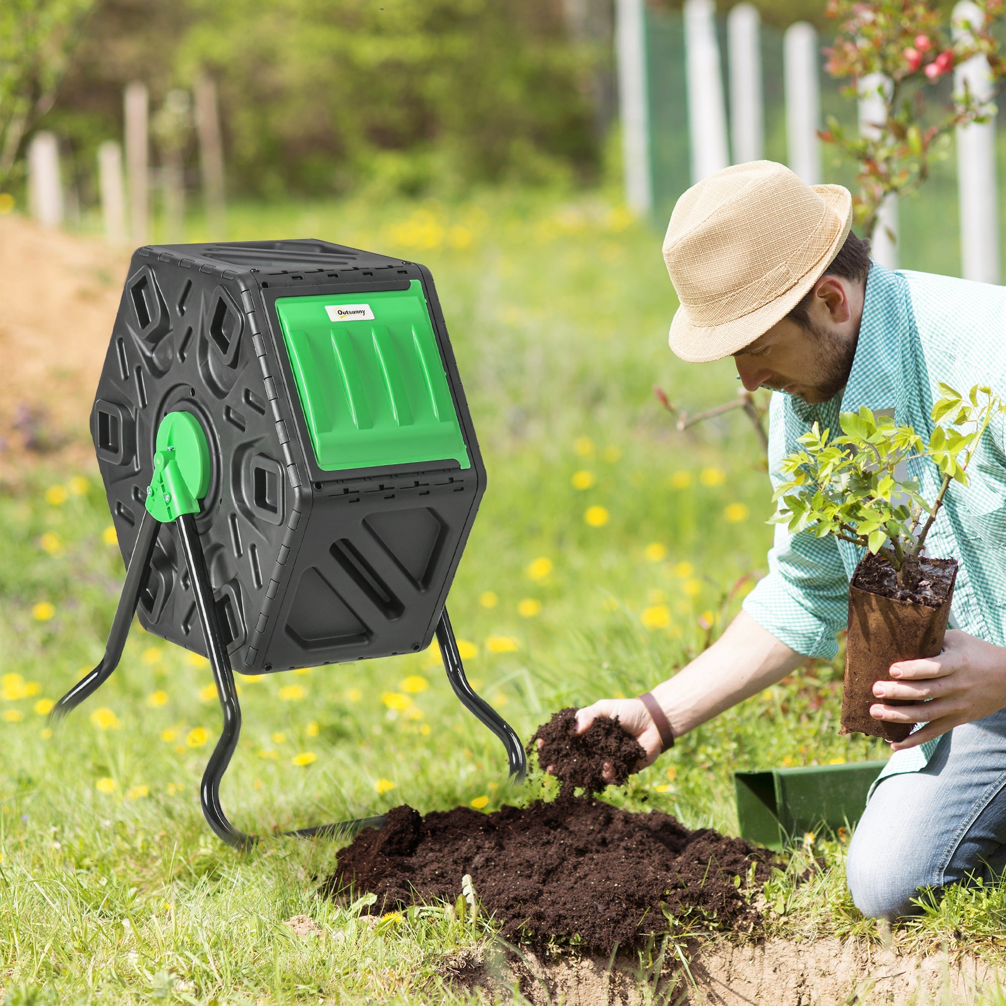 Outsunny Rotating Composter, Compost Bin with 48 Vents and Steel Legs, 17 Gallon