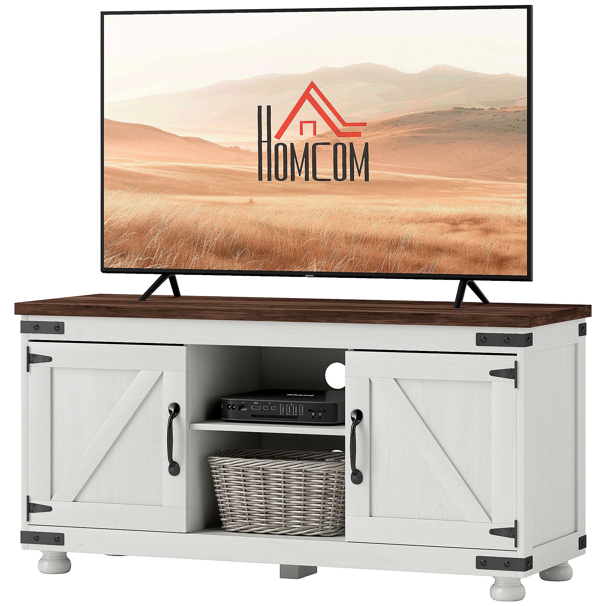 HOMCOM Farmhouse TV Stand for TVs up to 50" Barn Doors Cable Management Living Room Distressed White