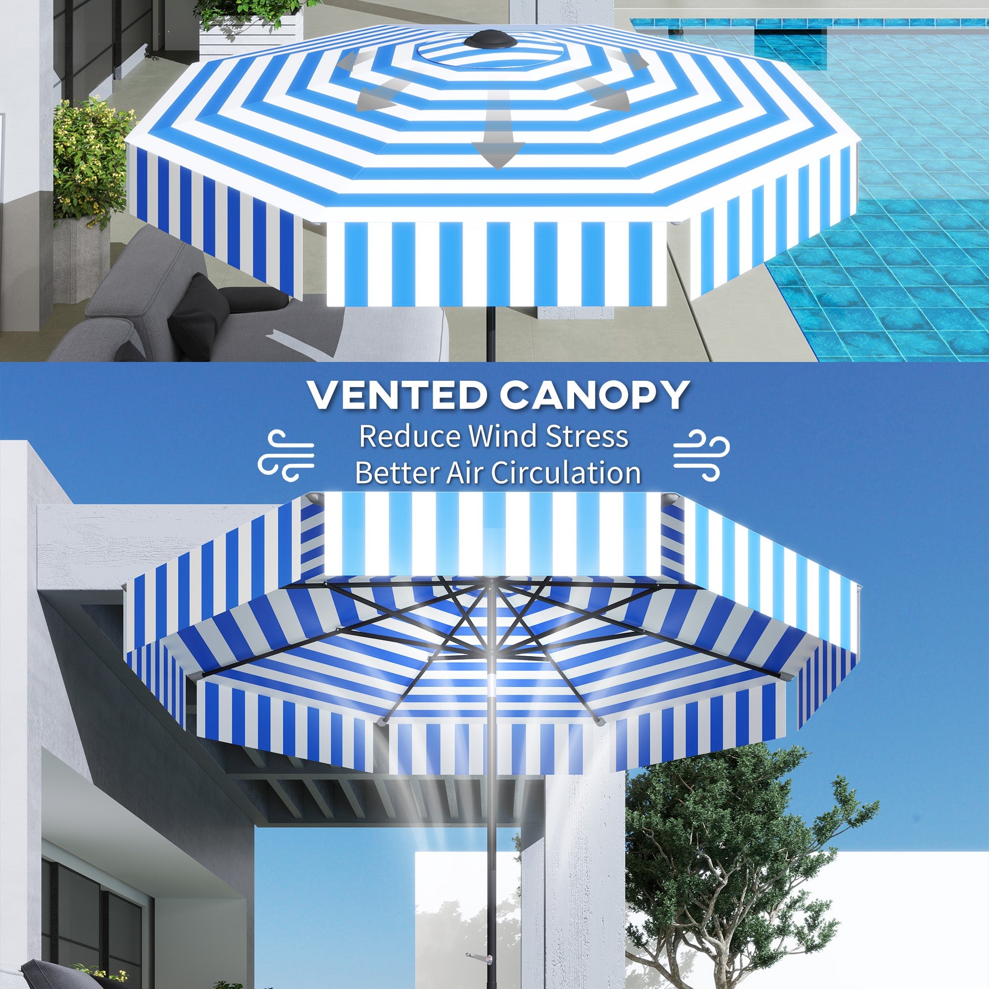 Outsunny 8.7FT Tilting Patio Umbrella with 8 Ribs, Crank Handle, Air Vent for Outdoor, Garden and Pool, Navy Blue