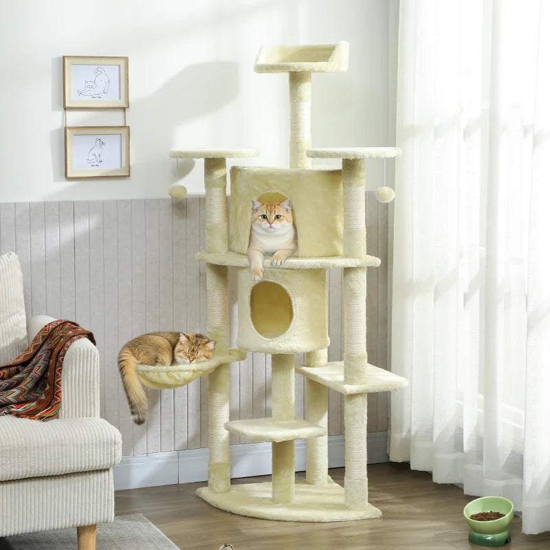 62" Cat Tree with Scratching Post, 2 Condos, Hammock, Perches, Plush, Pompoms, for Indoor Cats, Beige